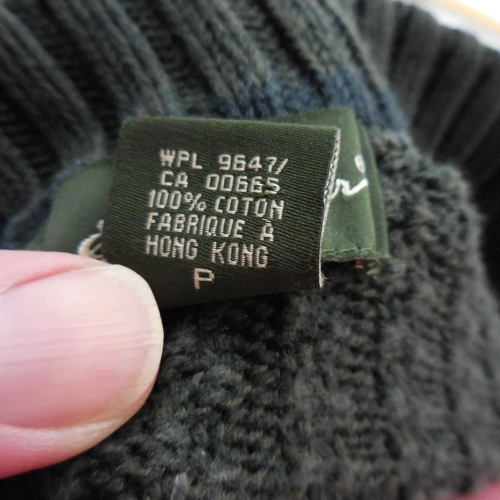 Vintage Eddie Bauer Mens Small Green Cotton Ribbed Knit Henley Mock Neck Sweater